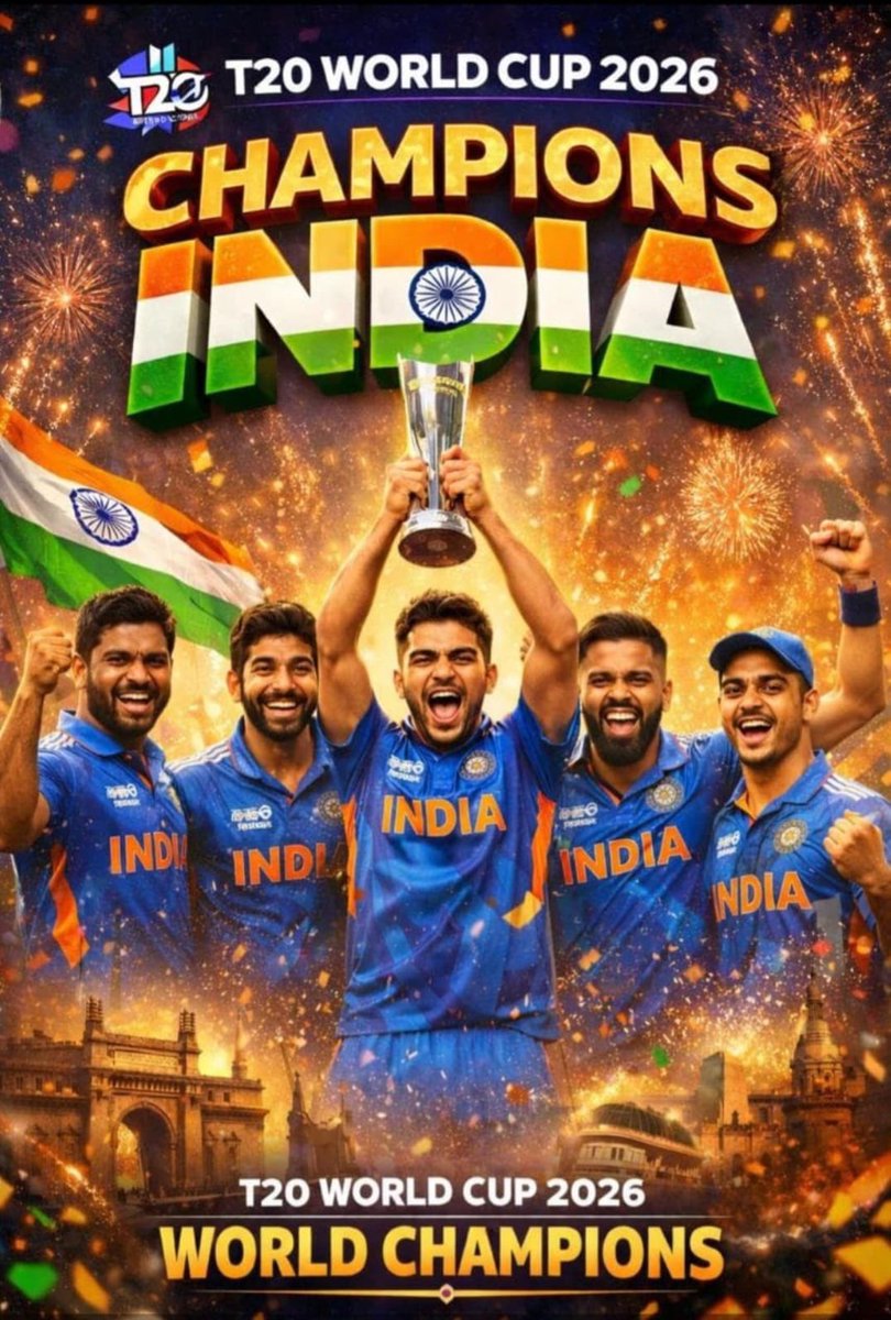 GKM__Official's tweet photo. WORLD CHAMPIONS! 🏆🇮🇳

Team India conquers the world again and lifts the T20 World Cup 2026!
Dominance. Passion. Pride. Team India always rocks 💙
#WorldChampions #T20WorldCup #TeamIndia https://t.co/q3jrE6gM6X