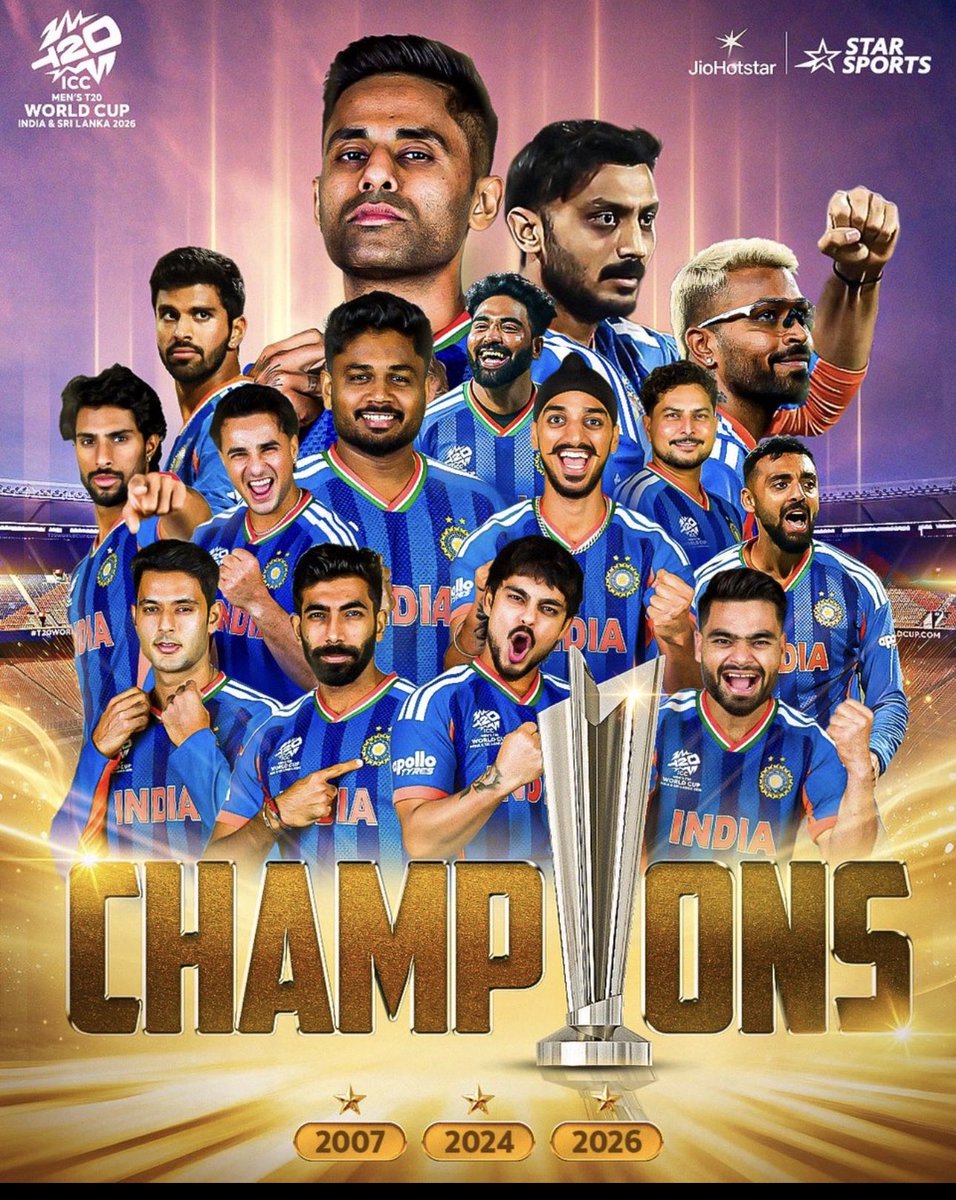 World Champions ! Heartiest Congratulations Team India, Well played !! Jai Hind🇮🇳 🇮🇳 🏆 
#IndiaVsNZ 
 #T20WC2026
 #TeamIndia