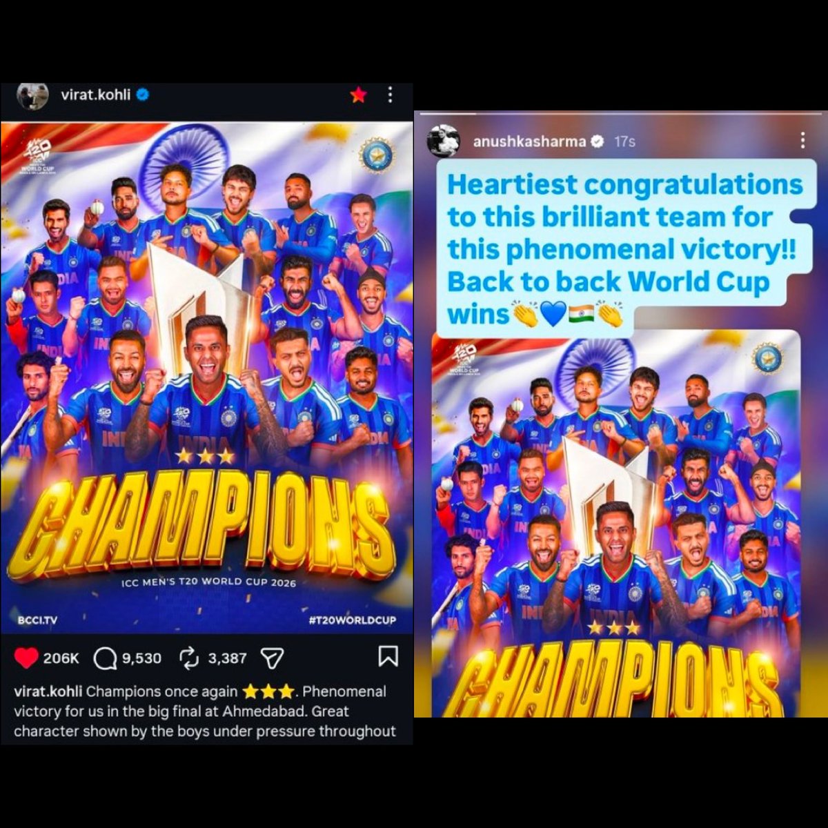 BluntIndianGal's tweet photo. Virat Kohli and Anushka Sharma congratulating Indian team for World cup win. Imagine not liking them🥹❤️ https://t.co/oFOi8JDhac