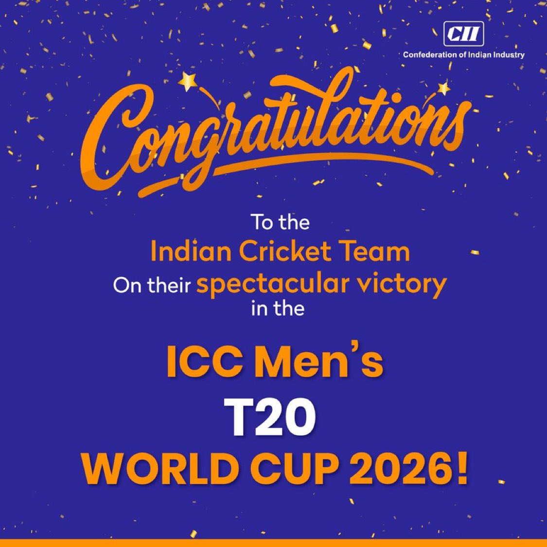 CII4WR's tweet photo. CII congratulates Team India on winning the ICC Men’s T20 World Cup 2026.
Your determination, teamwork and excellence have made the nation proud again!
#ICCT20WORLDCUP #CIIWR #ICCMensT20WorldCup2026 @BCCI https://t.co/s3MKAFD0bH