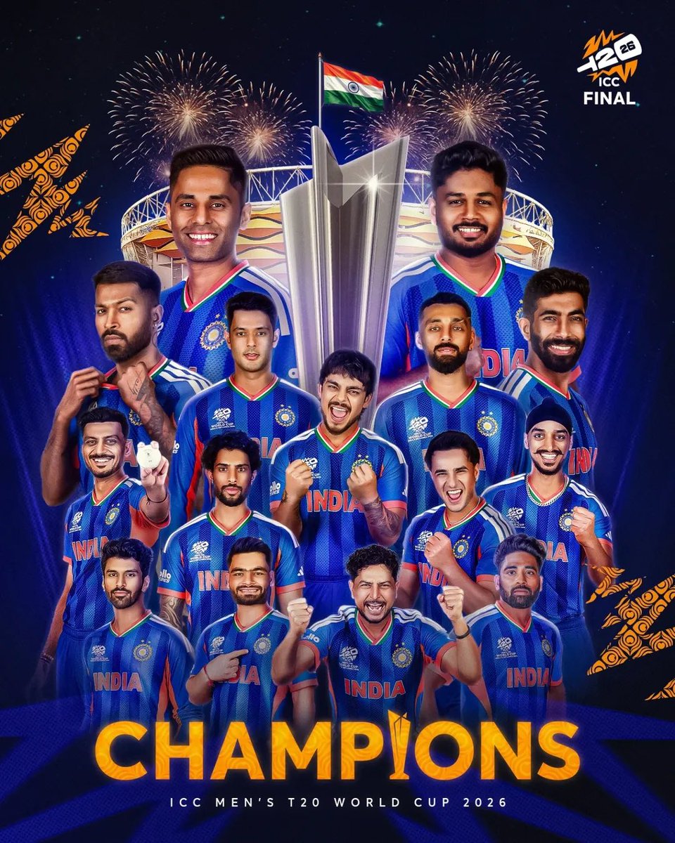 2007 🏆 2024 🏆 2026 🏆
Let the celebrations begin🇮🇳
India national cricket team become the first team to win two consecutive ICC Men’s T20 World Cup titles. 🤩🏆
Champions again. 🇮🇳
Proud of this incredible team that fought for the tricolour and brought joy to a billion hearts.