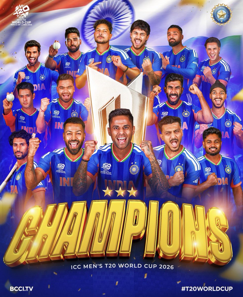 rameshswami97's tweet photo. 𝐂.𝐇.𝐀.𝐌.𝐏.𝐈.𝐎.𝐍.𝐒 🇮🇳

#TeamIndia clinch a record 3️⃣rd ICC Men's #T20WorldCup title 🏆

Take. A. Bow 🫡

#MenInBlue | #Final | #INDvNZ https://t.co/DblBSIn0Sr