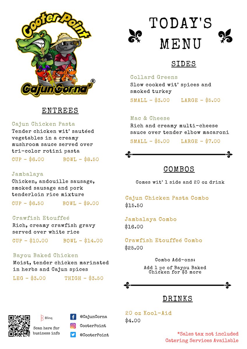 CooterPoint's tweet photo. Hey d'ere!!!

Quick lil' update to tha menu. Tha combos now come wit' a drank! We got Kool-Aid today, ya heard meh! 😄

For those of you comin' thru......see y'all at Killearn Methodist, Bay-Bey! https://t.co/QbyMv6FXqe