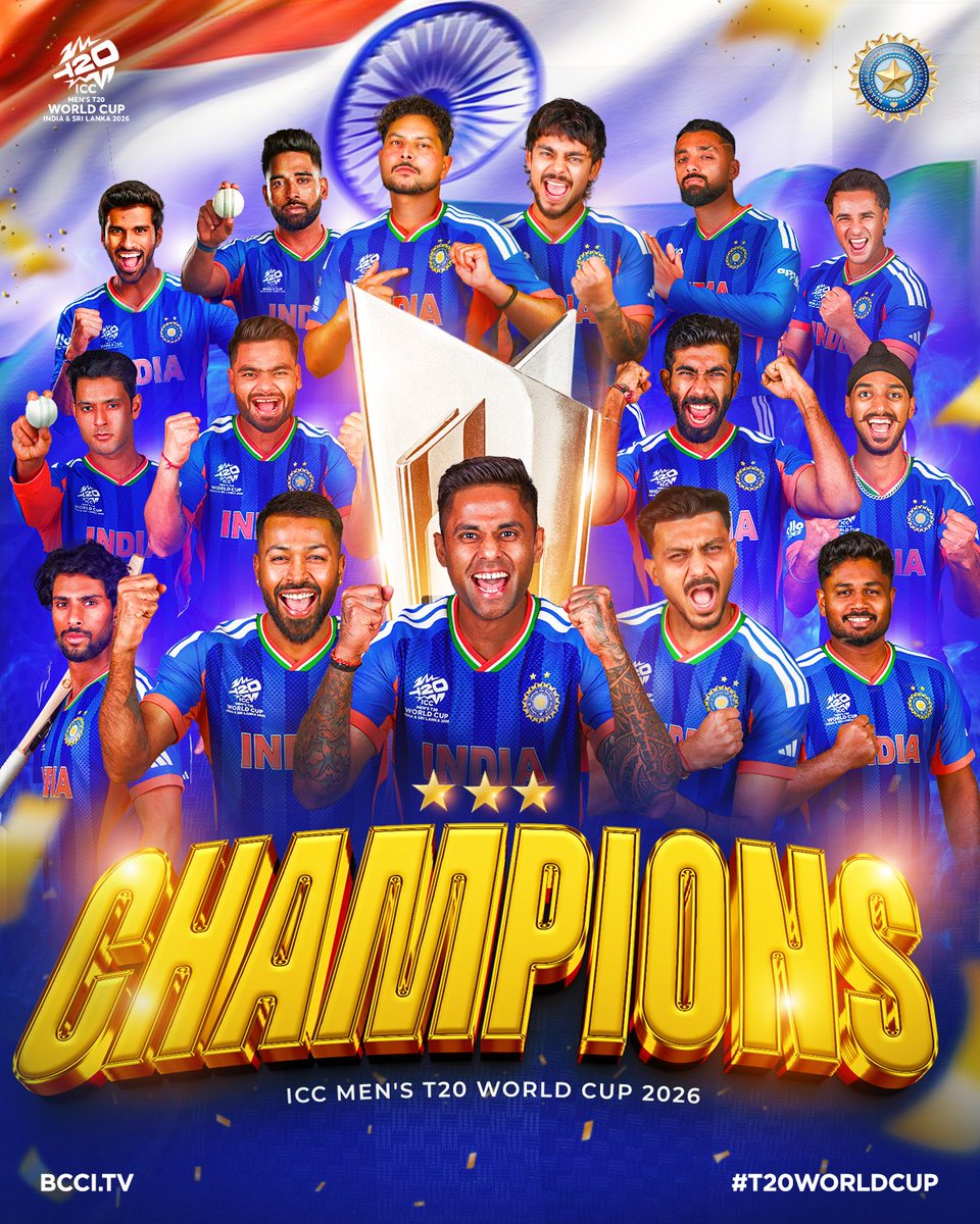 PKCWoffl's tweet photo. 𝐂.𝐇.𝐀.𝐌.𝐏.𝐈.𝐎.𝐍.𝐒 🇮🇳

Hearty congratulations to #TeamIndia for their magnificent victory over New Zealand in the ICC T20 World Cup final and for winning the World Cup for the third time.

This victory has filled the hearts of 1.4 billion Indians with immense pride and joy. we wish the team many more successes in the future.

@BCCI

#ICCT20WORLDCUP #INDvsNZ  #T20WorldCup2026final