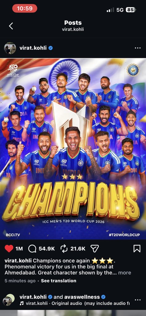 shubham007742's tweet image. Record break just 5 minutes 1 M like in Virat Kohli champions post #ViratKohli #recordbreak