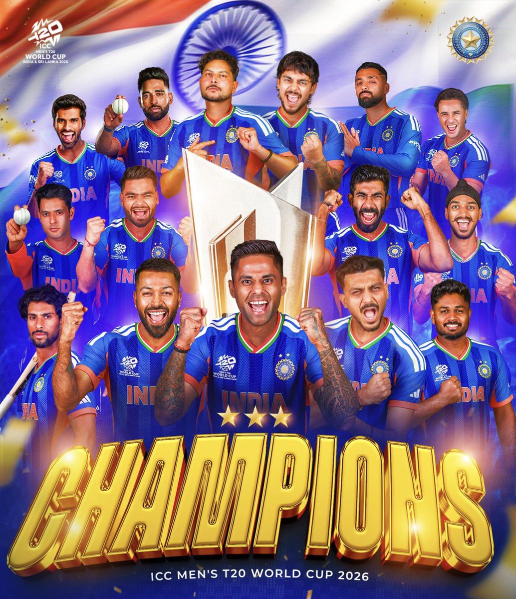 CongratulationS 

#TeamIndia record 3️⃣rd ICC Men's #T20WorldCup title 🏆
#T20WorldCup2026final 
𝐂.𝐇.𝐀.𝐌.𝐏.𝐈.𝐎.𝐍.𝐒 🇮🇳