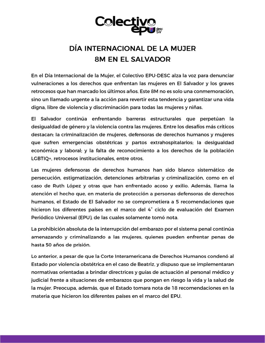 equipo_ca's tweet photo. #Comunicado en el marco del 8M 🇸🇻 #ElSalvador #Mujeres #8M #Defensoras 

@arpassv @DiarioCoLatino @ysuca91siete @prensagrafica @_elfaro_ @CNNEE @infobaeamerica @RevElementos @RevistaFactum @RFI_Es @teleSURtv  @EFE_ACENTRAL @EDHNoticias @labrujula_rev @alharaca_sv @balsamotv https://t.co/dS8TxX68eT