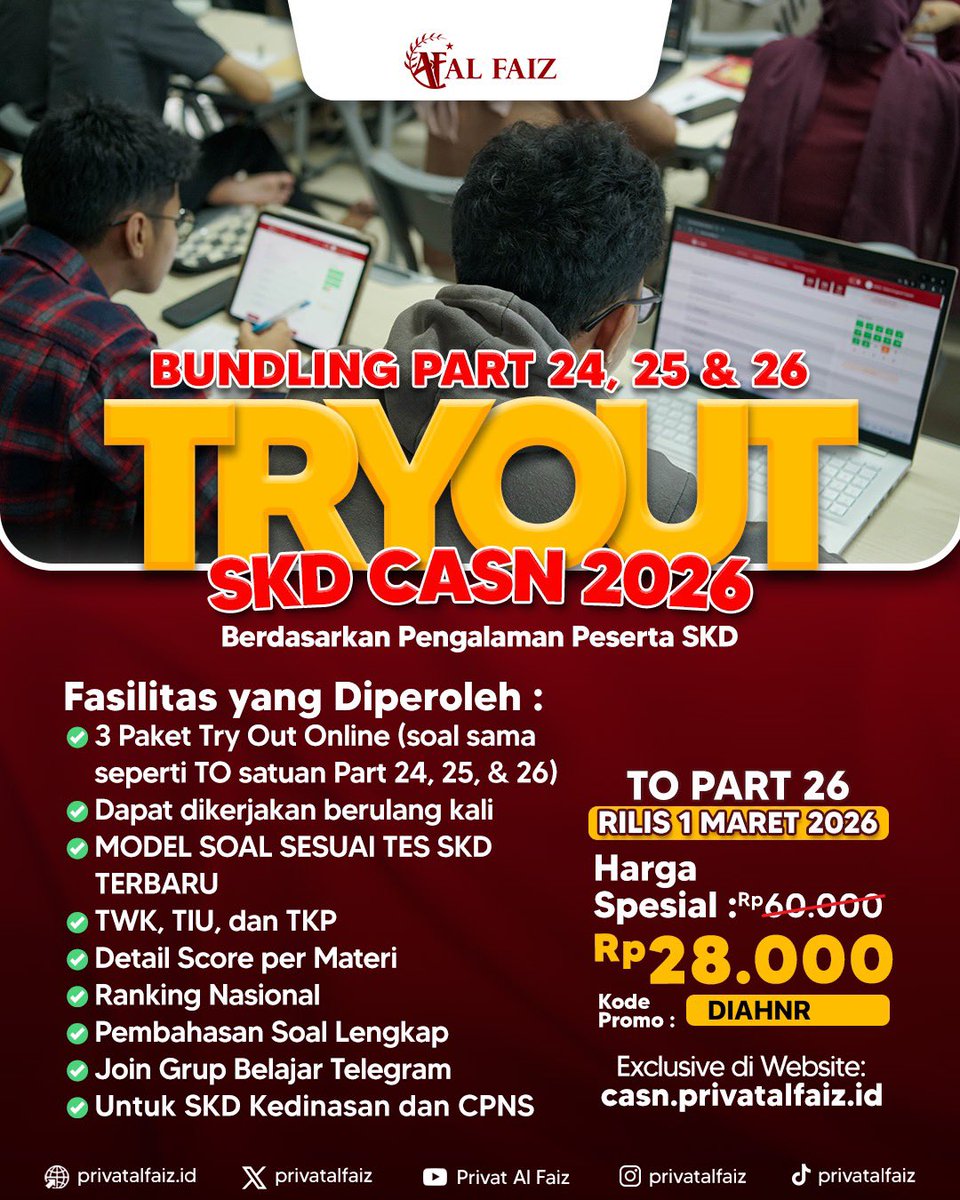 hellowgirl_'s tweet photo. Rekomendasi Tryout SKD CPNS/Kedinasan📝

🚨Rilis Paket bundling tryout part 24, 25, 26 SKD Privat Alfaiz.

Gunakan kode DIAHNR dan dapatkan pot harga!

#ZonaUang #Zonajajan #SNBT #UTBK #CPNS2025 #PrivatAlfaiz #Sekdin #SKDCPNS #SKDCPNS #Kedinasan #CPNS https://t.co/x26Yv1nIqy