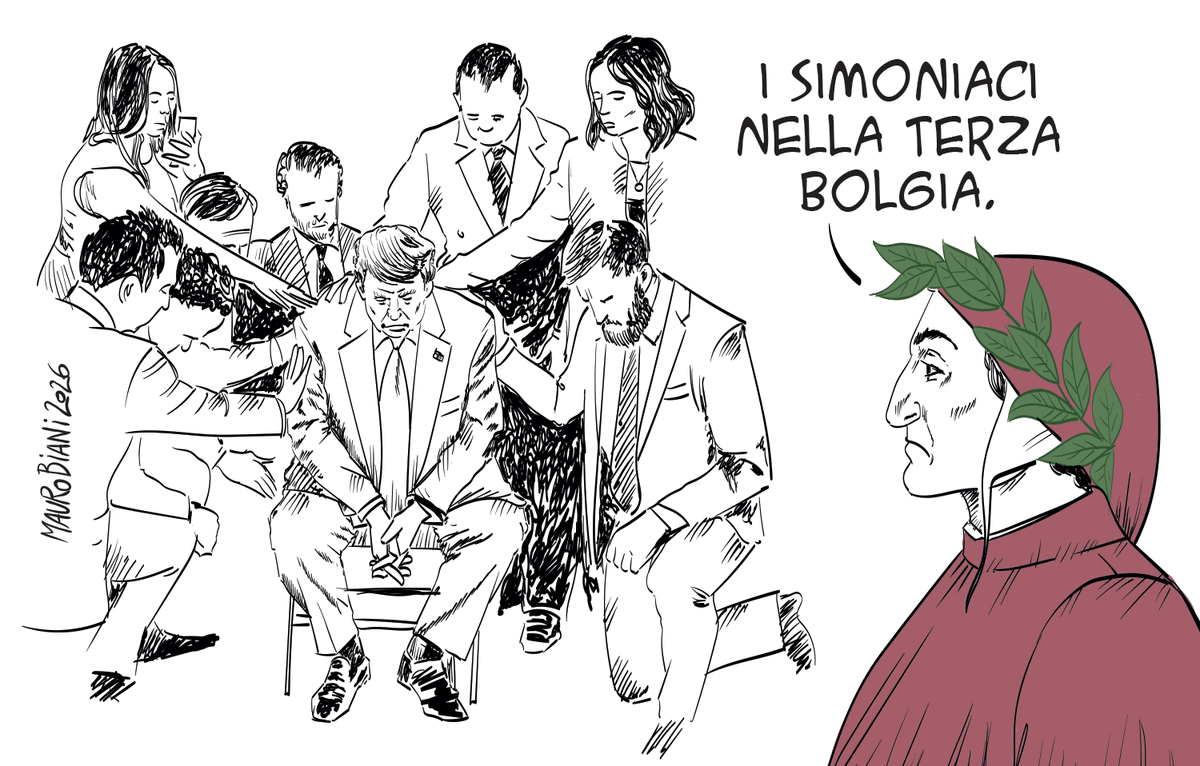 maurobiani's tweet photo. #Trump cambia regime americano. L’ideale è la monarchia teocratica. Si autoproclama in missione celeste. (L. Caracciolo).
#simoniaci chi mercanteggia cose sacre, trasformando dono di Dio in affare di mercato.
#Dante li punisce nella terza bolgia dell'Inferno.
Oggi per @repubblica https://t.co/NomucMnrE4