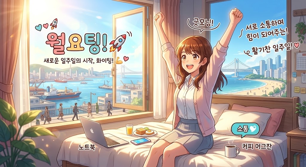 굿모닝! 🩵 새로운 일주일의 시작, 월요일입니다. 
우리 기지개 크게 켜고 에너지 넘치게 화이팅하며 시작해 봅시다! 👊
이번 주도 서로 소통하며, 서로에게 힘이 되어주는 
한 주가 되었으면 좋겠어요. 
활기찬 일주일을 힘차게 한번 달려볼까요? 💪 
행복한 월요일 되세요, 월요팅! 🚀