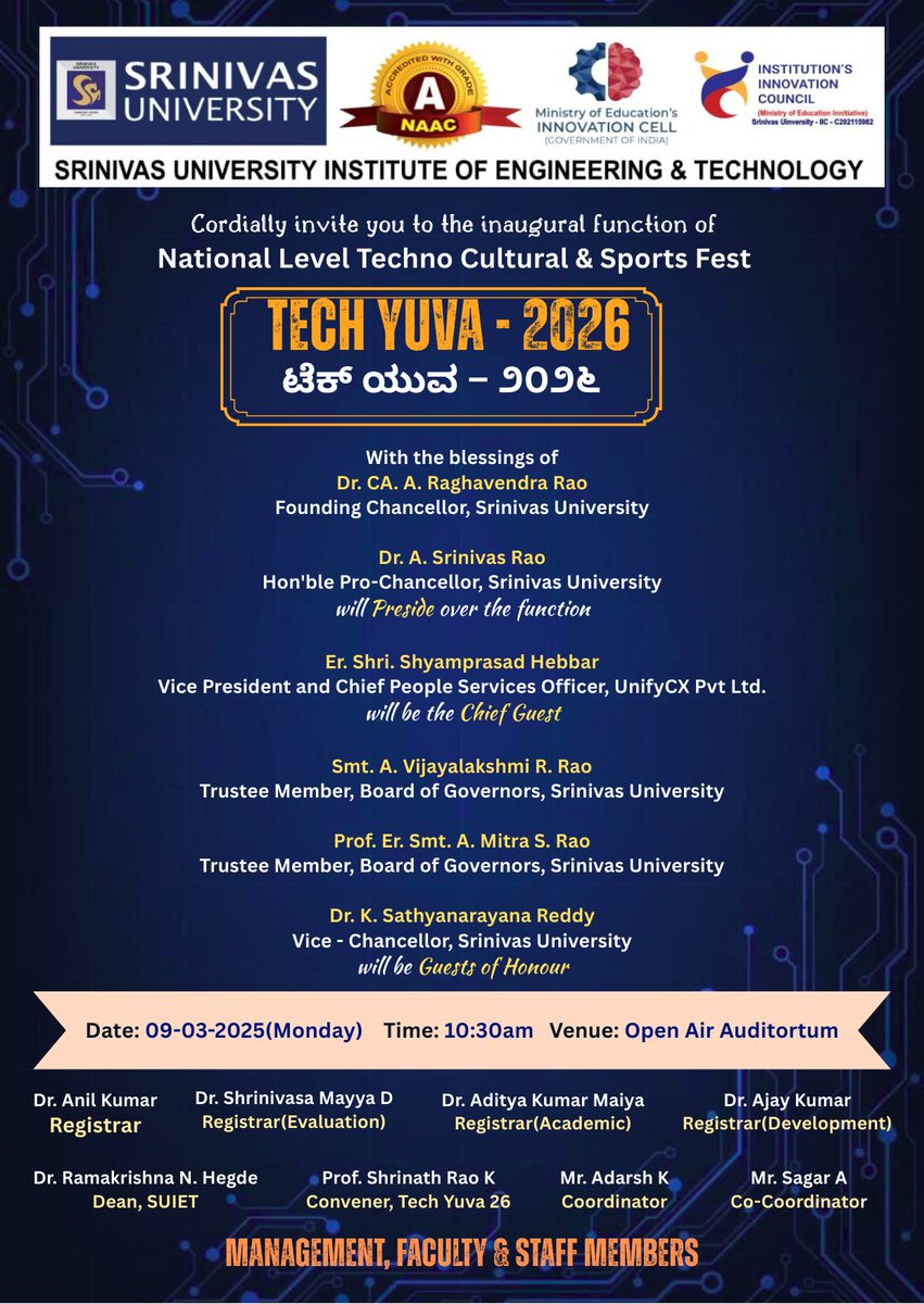 SUIET_Mukka's tweet photo. Srinivas University Institute of Engg & Technology #SUIETMukka wil be organising National Level Techno Cultural & Sports Fest @TechYuva #TechYuva26 on 9-10 March. Sri Shyamprasad Hebbar (Vice President & Chief People Services Officer @UnifyCX Pvt Ltd) wil be the Chief Guest.
1/n https://t.co/ffNuy09PTg