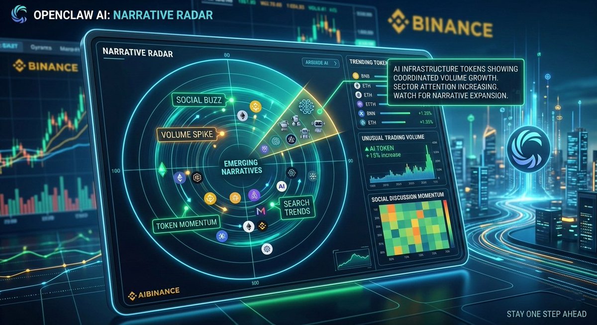 Meerwaseem2311's tweet image. OpenClaw AI: “Narrative Radar”
#AIBinance 
Crypto markets often move because of narratives before the price actually reacts. By the time most traders notice the trend, the opportunity has already passed.
Narrative Radar is an OpenClaw AI assistant designed to detect emerging