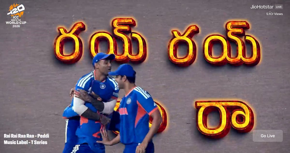 chitrambhalareI's tweet photo. Smart promotions by the #Peddi team 🔥

The #RaiRaiRaaRaa song was played during the #T20WorldCup2026Final, creating a perfect buzz.

Right song at the right stage for #RamCharan. 🎶💥 https://t.co/OZ9iePWmDl