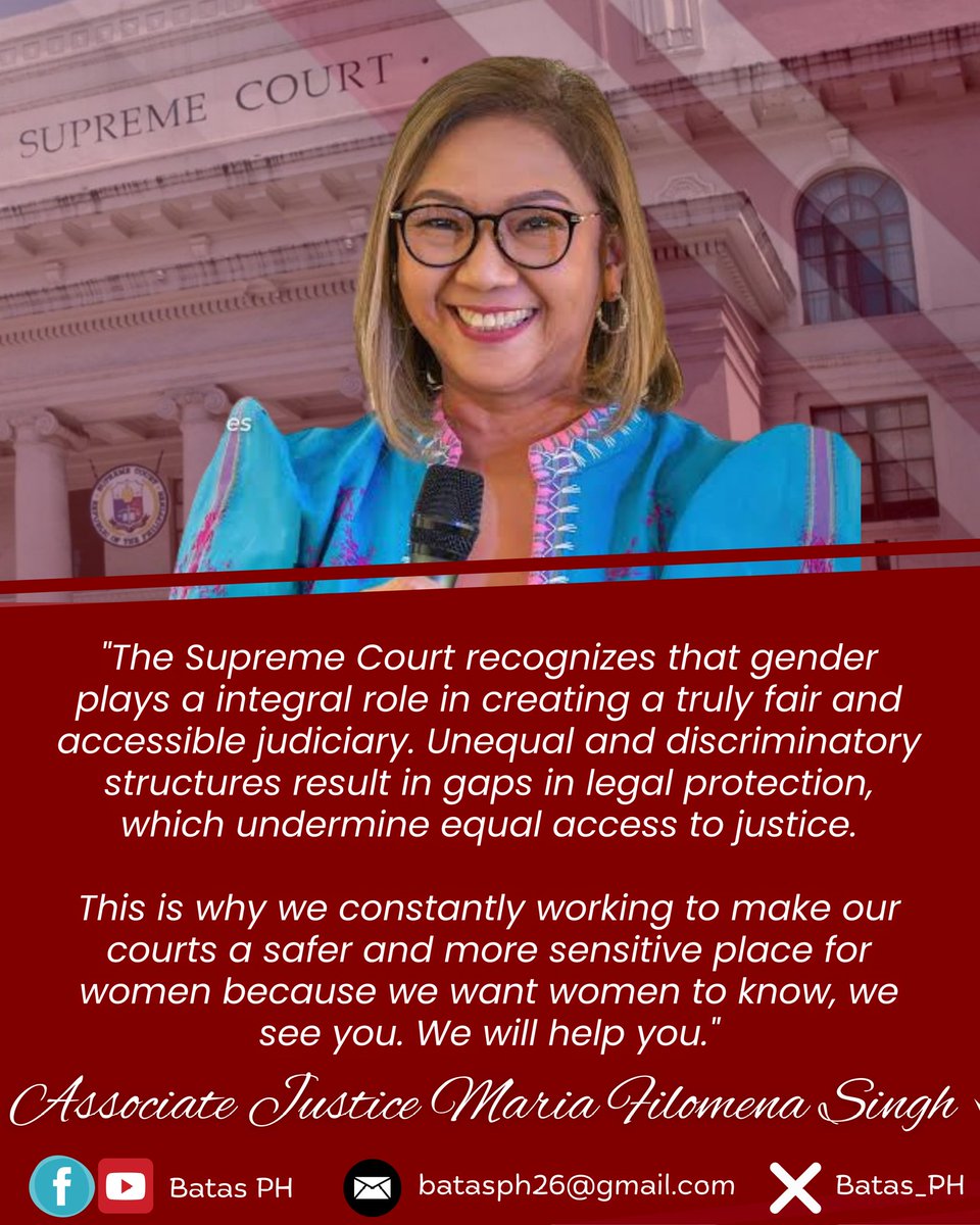 Batas_Ph's tweet photo. JUSTICE SINGH TO WOMEN: "WE SEE YOU. WE WILL HELP YOU."

Supreme Court Associate Justice Maria Filomena Singh said that the high court has been consistently working to ensure a gender-fair and women-conducive courts where women’s rights are protected and respected.

#batasph https://t.co/GMdeAKujVO