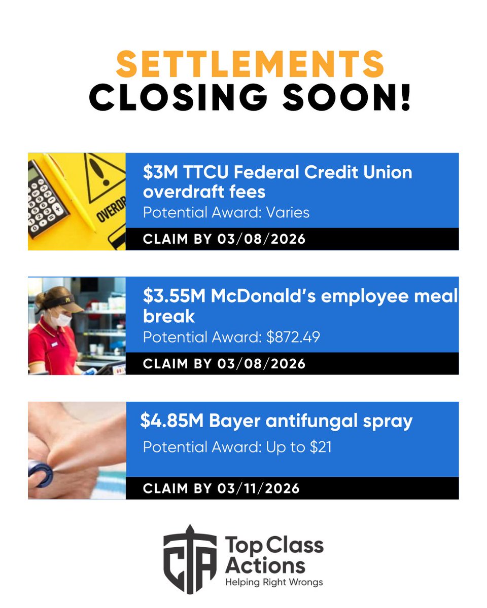 TopClassActions's tweet image. ⏰ Settlement deadlines are here! Don’t miss out on money you may be entitled to. Check your eligibility today and claim what’s yours! 💸
🔗👉 bit.ly/39HzLfQ 

#ClassAction