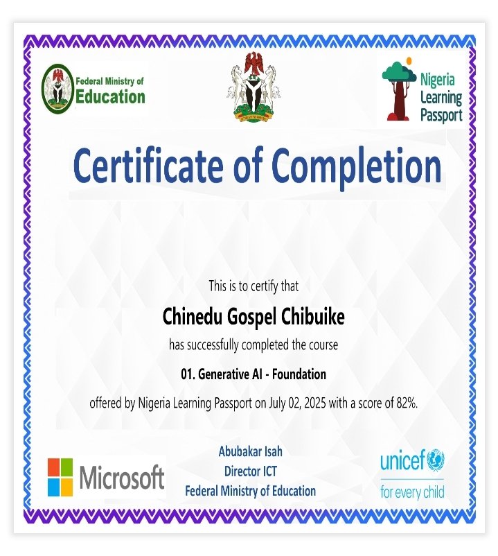 ChigoCnd's tweet image. I have completed my course in generative AI on the Nigeria learning passport platform 
#completion