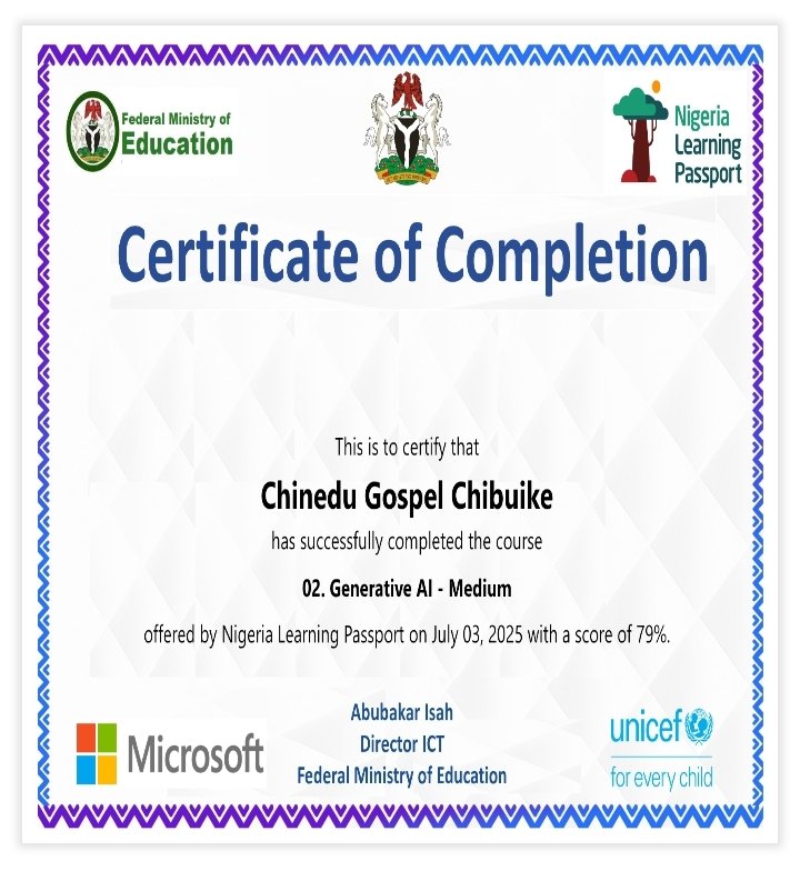 ChigoCnd's tweet image. I have completed my course in generative AI on the Nigeria learning passport platform 
#completion