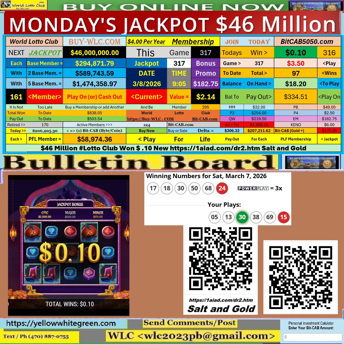 $46 Million #Lotto Club Won $ .10 New 1aiad.com/dr2.htm Salt and Gold