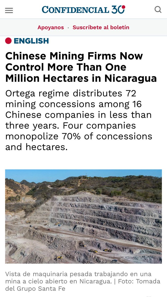 emiliotgonzalez's tweet photo. When @POTUS complained about communist #Chinese influence in the #PanamaCanal, the Panamanian govt cancelled all their contracts.
Now #CAFTA member #Nicaragua moving in the opposite direction.
3800 sq miles (7% of its territory) ceded to #CCP mining interests.
#SOSNicaragua https://t.co/FzeBxW68hP