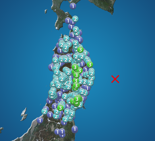 wni_jp's tweet photo. 【地震情報】
3月8日 22:17 震度3
震源：三陸沖 M6.0 深さ約10km
この地震による津波の心配はありません。
https://t.co/4pCrZaLBS9 https://t.co/ra1Oc61wMJ