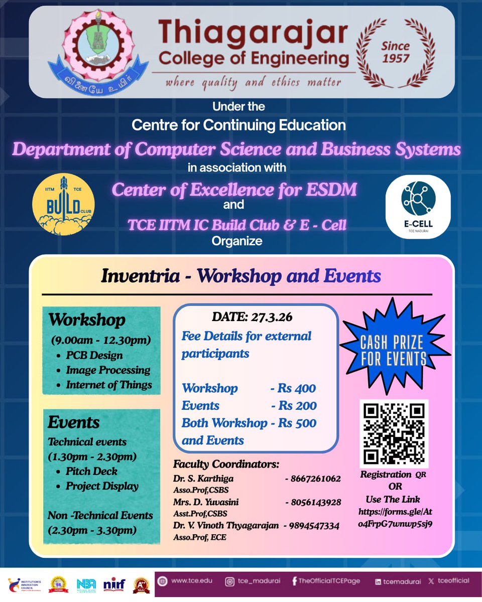 tceofficialpage's tweet photo. ⚡ Inventria – One Day Workshop | TCE
PCB Design, Image Processing & IoT workshop with Pitch Deck & Project Display.
📅 Mar 27, 2026 | 9:00–12:30 PM
📍 TSS CAR, TCE
💰₹400 (Workshop) | ₹200 (Events) | ₹500 (Both)
#TCE #Inventria #PCBDesign #IoT #TechWorkshop #StudentInnovation https://t.co/HCFdA2Rbfx