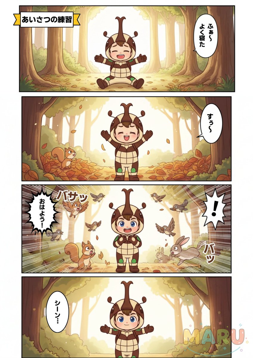 今回は【カブたん】のお話。

今日も森で元気にあいさつ練習！

4コマ漫画でも読んでほっこり😊
いいね＆フォローもよろしくお願いします☀️

#4コマ漫画 #漫画 #AI漫画 #挑戦してみた