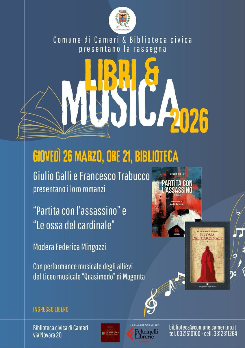 giulio_galli's tweet image. Metti una sera dopo cena, in compagnia di due autori, due #romanzi molto diversi e originali e la #musica. Non è un mix culturale affascinante? Tutto questo sarà realtà giovedì 26 marzo alle 21 a #Cameri (NO). Fateci un pensierino! 😉
#PartitaConLAssassino #thriller #libriemusica