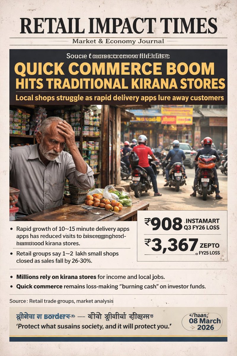 <a href="/DrAditya2935/">Aditya Gupta</a> <a href="/Sakshi50038/">Sakshi</a> 🚨 BREAKING NEWS | Retail • Quick Commerce Impact
Date: 08 March 2026 📅

Headline
• Quick commerce boom hits traditional kirana stores

What Happened
• Rapid growth of 10–15 minute delivery apps has reduced customer visits to local kirana stores.
• Retail groups say many