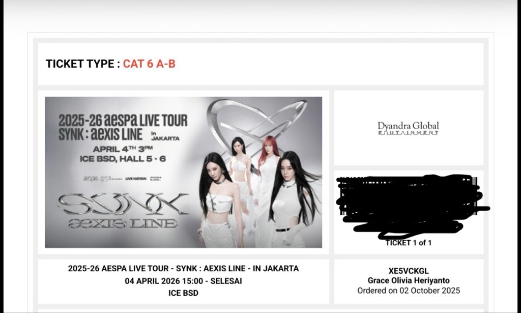 limmartha's tweet photo. WTS aespa jakarta 4 april 2026 CAT 6. dibantu tuker wristband. 1 ticket milik pribadi. jual karena clash jadwal. minat dm https://t.co/D2XkUxZMnp
