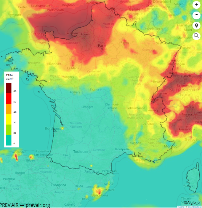 Aigle_e's tweet image. 🔴Intensification de l'épisode de #pollution sur le Nord du pays ce dimanche: seuil des 80 µg/m3⚠️ fréquemment atteint en Normandie, dans la Manche &amp;amp; de façon moins homogène en IDF &amp;amp; HDF, générant un brouillard de pollution (2e image). Soleil totalement masqué!