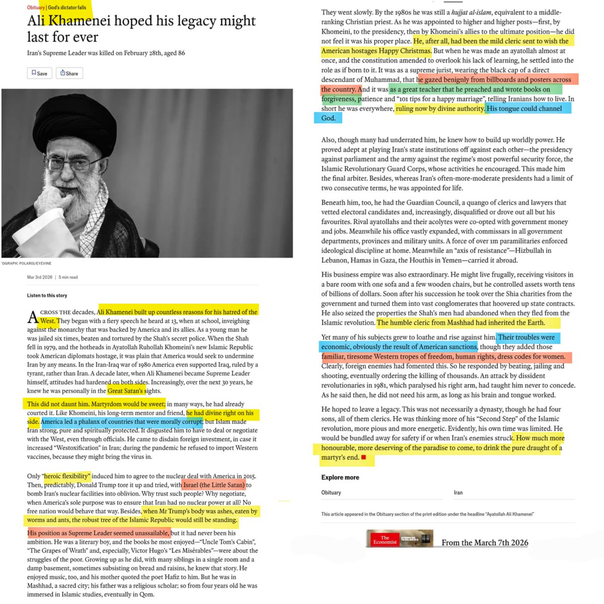 The Economist, in its “fighting back the tears” obituary for Khamenei, salivates with true depravity over Trump’s future death in grisly, if ecstatic, terms: “...when Mr. Trump’s body was ashes, eaten by worms and ants.” It makes the Washington Post and its infamous “Austere