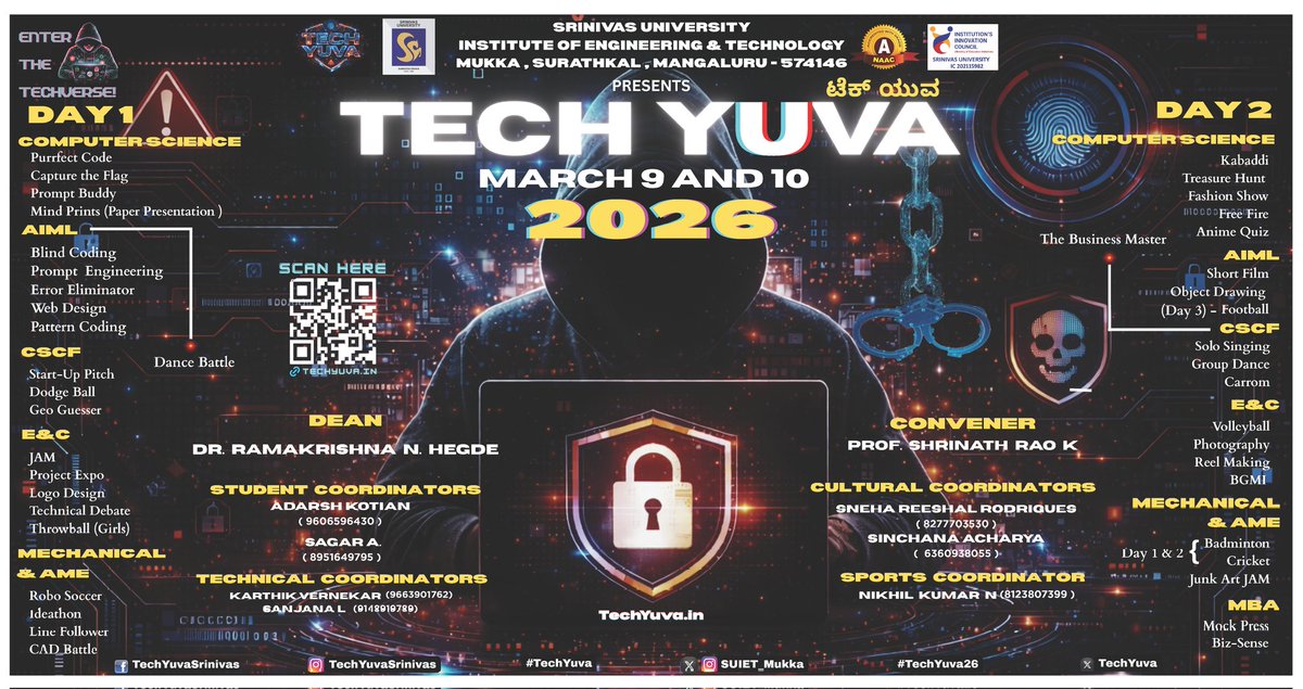 SUIET_Mukka's tweet photo. #CyberSecurityAwareness is the theme of #TechYuva26. A wide range of Technical, Cultural &amp; Sports competitions wil be organised on 9 &amp; 10 March
#CyberSecurity #TechYuva #TechFest #CulturalFest #SportsFest #Mangaluru #Mangalore #ಮಂಗಳೂರು @CCPSMangaluru @KarnatakaCops @CySecKCoE 2/2 https://t.co/sXCtfDYCc4