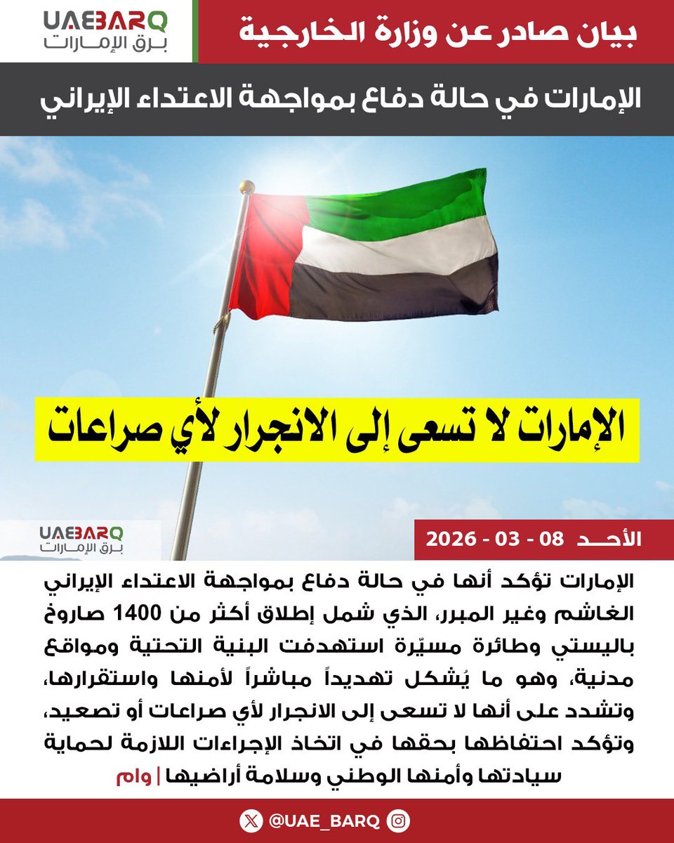 بيان صادر عن وزارة الخارجية: #الإمارات في حالة دفاع بمواجهة الاعتداء #الإيراني | وام

#برق_الإمارات