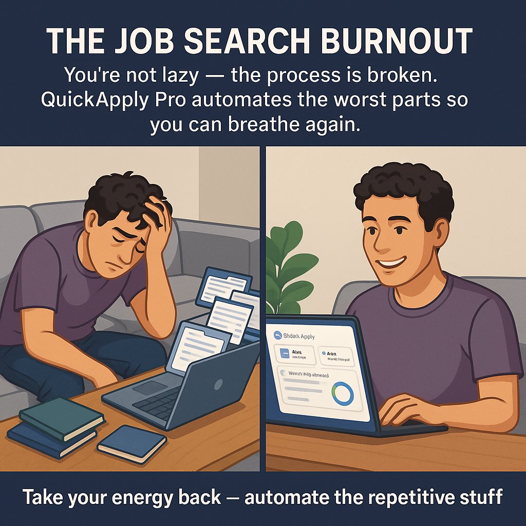 quickapplypro's tweet image. You’re not lazy,the job hunt wore you down. Endless forms, uploads, rejections… It’s not a motivation problem, it’s the system. Quick Apply Pro automates the grind so you can rest *and* get results. Take your energy back. #QuickApplyPro #JobSearch