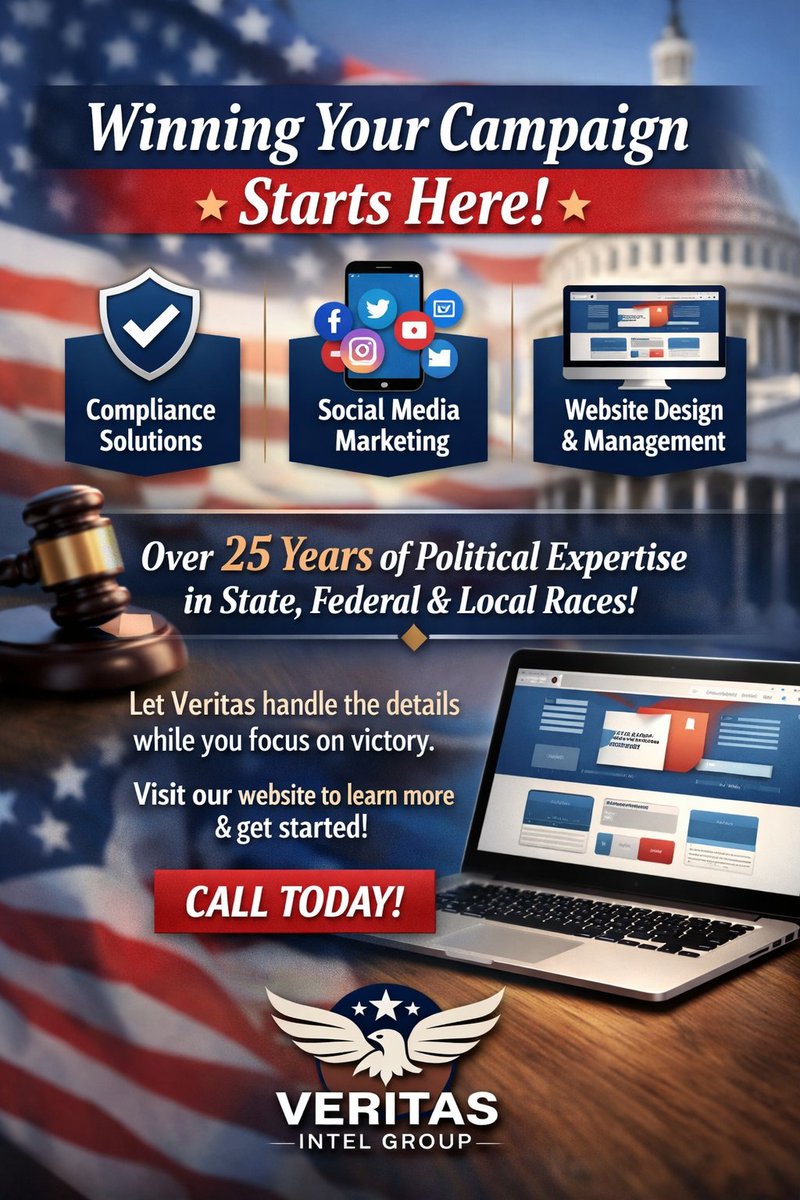 KellyTarrant65's tweet photo. Running a campaign is hard enough. Compliance, digital strategy, and website management should not slow your momentum.

At Veritas Intel Group, we deliver campaign compliance, social media marketing, and website design/management tailored for campaigns of every size. With more than 25 years of experience supporting state, federal, and local races, we understand what it takes to keep your operation sharp, credible, and election-ready.

Let Veritas handle the complexity behind the scenes so you can stay focused on what matters most: earning votes and winning.

Visit our website to learn more about how we can support your campaign, or call today to get started.
https://t.co/153jALsgpu