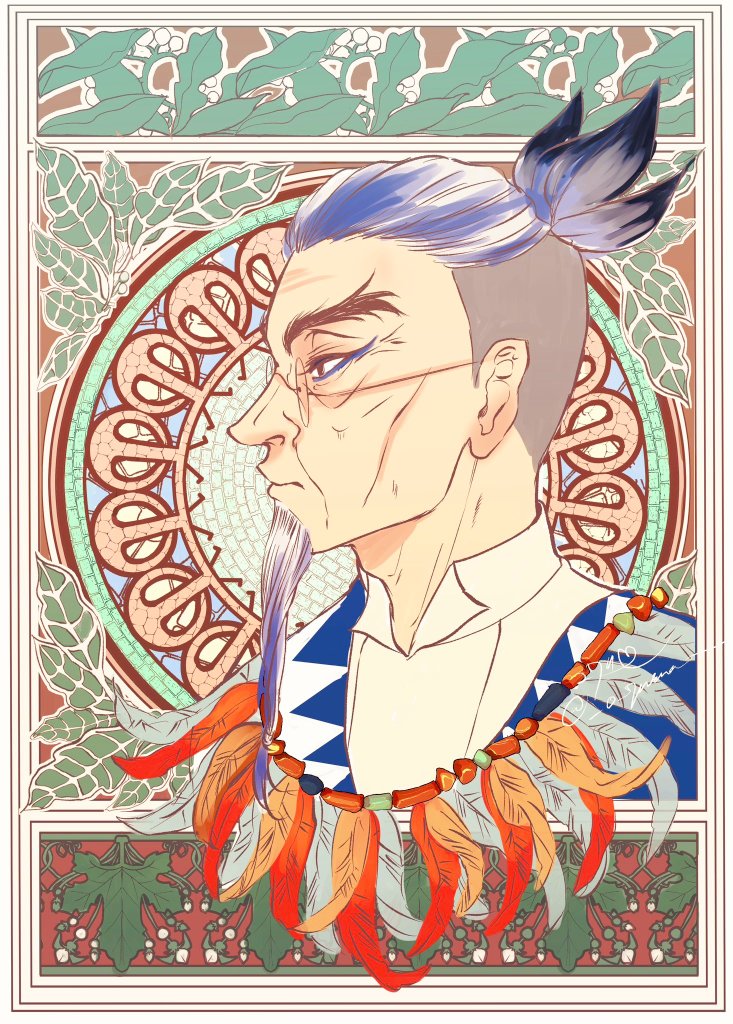 #第7回twstミュシャ企画

お久しぶりのミュシャ企画！
1901年｢月桂樹｣をオマージュで、キファジです。

橙さん素敵な企画をいつもありがとうございます✨
タグから皆様の素敵なイラスト見られますのでぜひにーー！