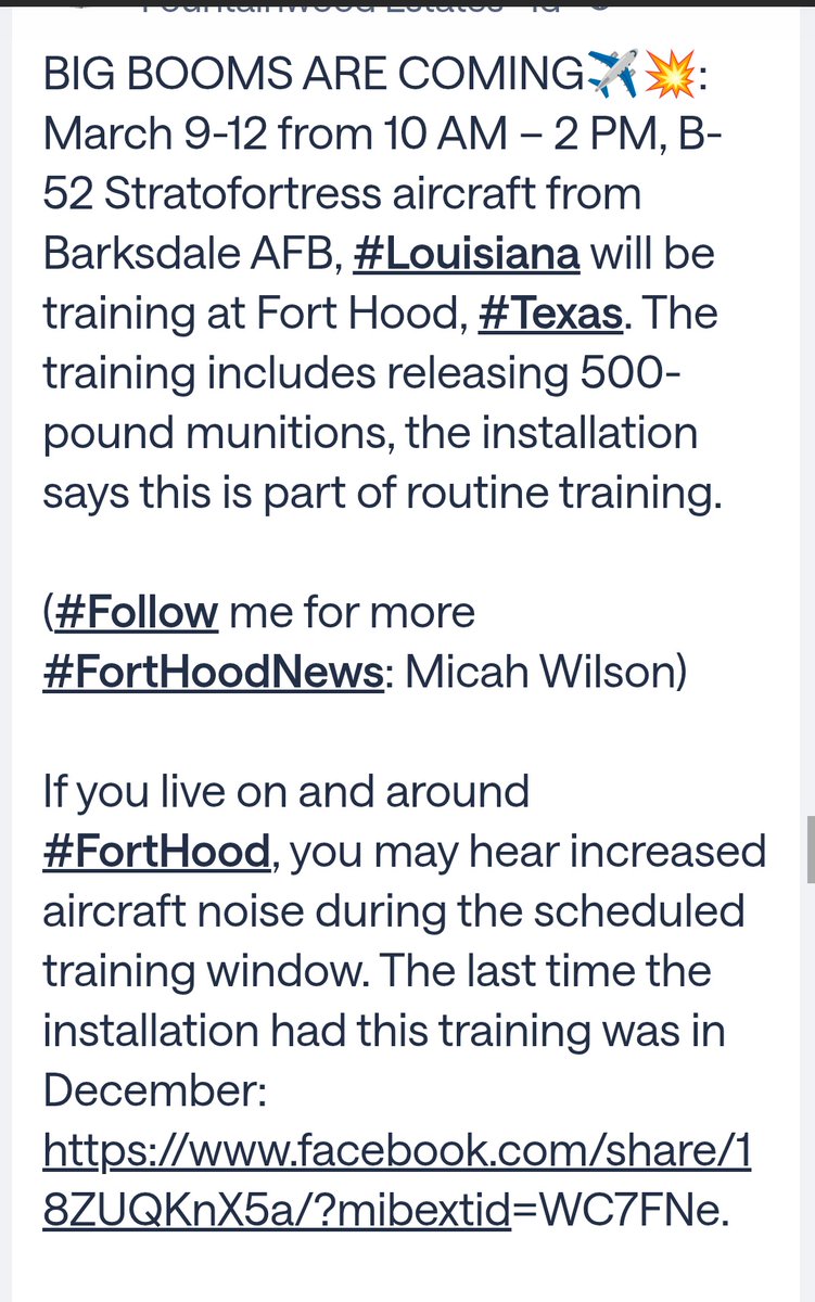 Central Texas -- heads up! 
Tomorrow through Thurs (3/9-12, 10am-2pm), Ft. Hood will have the B-52's (from Barksdale AFB) training w the big bombs. It's the same training that they did in December.