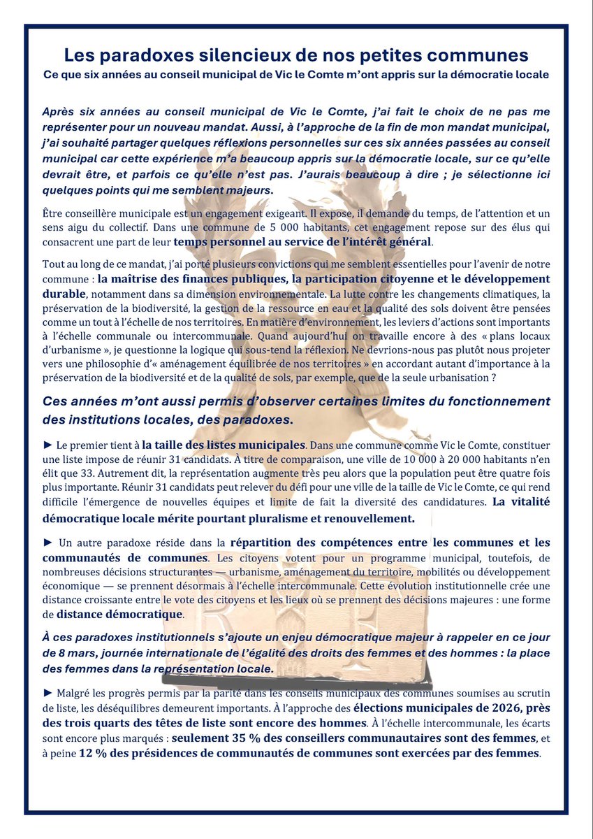 Picard_Stephani's tweet photo. Démocratie locale : les paradoxes silencieux de nos communes 
Retrouvez ici, mon bilan à la fin de mon mandat de conseillère municipale. https://t.co/4yIezeSui4
