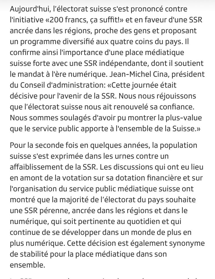 lmarsick's tweet photo. #Votation #Media Les suisses disent « non » à une  diminution de la redevance tv-radio. (De 335 à 200 francs ) Com presse de la @SRGSSR —) https://t.co/16OIdklj2N