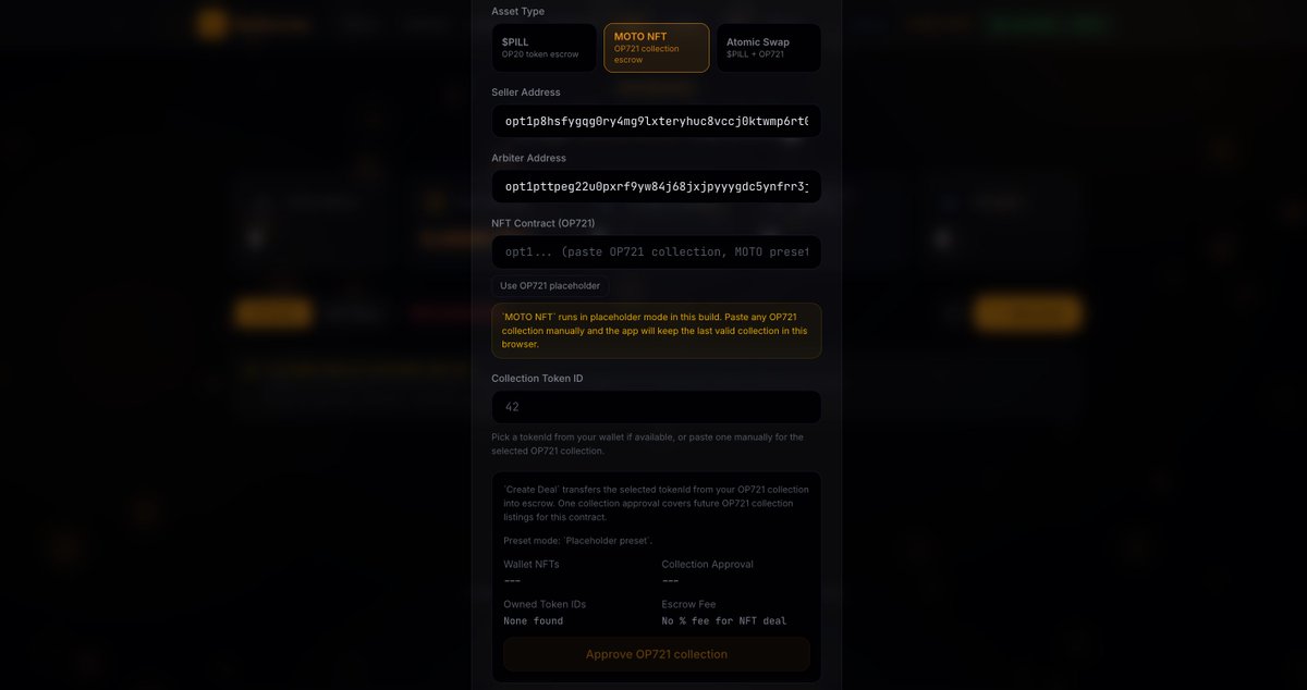 llamochkaa's tweet photo. SatEscrow just leveled up on OP_NET testnet. @opnetbtc @opnetbtc_eco

New flagship flow:
• buyer locks $PILL
• seller locks an OP721 / MOTO-style NFT
• arbiter steps in only if there’s a dispute
• final settlement swaps both legs atomically on Bitcoin L1

Also shipped:
• route-based app structure
• About / Guide / FAQ pages
• live contract manifest + reset-proof contract switching
• manual OP721 placeholder mode until the final NFT preset is wired

This is no longer a generic escrow shell.
It is now a dual-sided OP20 + OP721 swap app on Bitcoin L1.

Live:
https://t.co/OhPgotPwxV