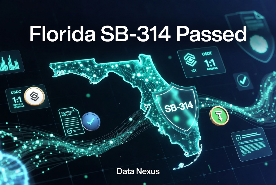 DataNexusOrg's tweet photo. Florida is becoming the crypto capital. Florida just passed SB-314 — the first state-level regulatory framework for payment stablecoins in the U.S.

The Florida Senate approved it unanimously this week (37-0). Once signed by Governor DeSantis, issuers must:

Obtain an OFR license
Maintain 1:1 high-quality reserves
Publish monthly reserve reports + independent attestations
Comply with AML/KYC aligned to the federal GENIUS Act
(Qualifying stablecoins are explicitly not securities)

This raises the bar for transparency — and creates real data & compliance challenges for issuers. At Data Nexus, we make it effortless.

We deliver real-time, high-performance blockchain indexing so you can:
- Automatically track issuance, redemptions & reserve movements
- Generate accurate monthly reserve reports & attestations
- Power compliance dashboards and on-chain analytics

If you're a stablecoin issuer or builder preparing for SB-314, let’s talk.