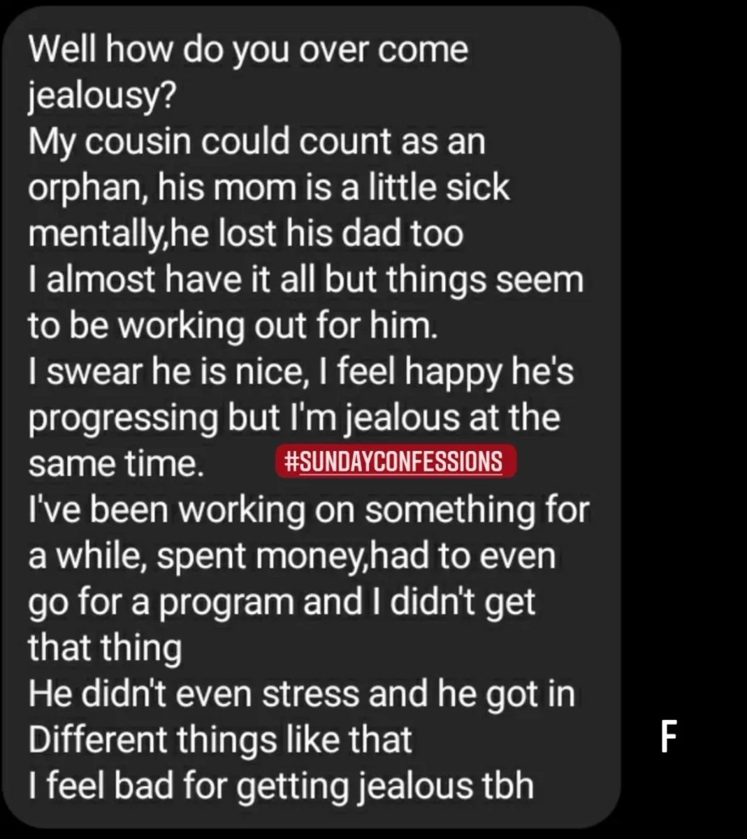 sundaycnfssns's tweet photo. How do you overcome jealousy? I'm jealous of my cousin.. #SundayConfessions https://t.co/gINhobsuFH
