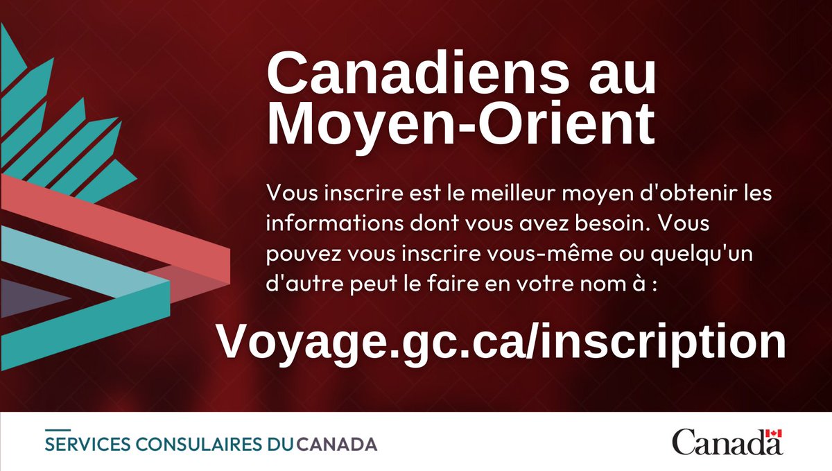 ‼️ Le Canada aide les citoyens canadiens et les résidents permanents qui souhaitent quitter le #MoyenOrient à le faire. Notre capacité à aider dépend du pays où vous vous trouvez. Inscrivez-vous sur Voyage.gc.ca/inscription pour recevoir l’information dont vous avez besoin.