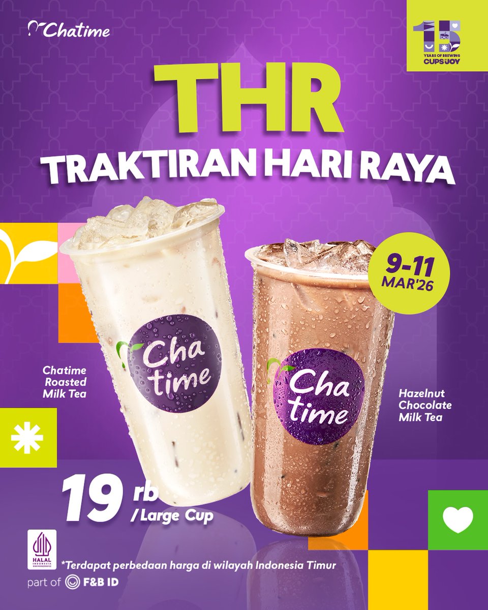 katalogpromosi's tweet image. Promo THR Chatime BALIK LAGI 👉 Beli 2 Menu Large Favorit ini cuma 19RB 

Berlaku tanggal 09-11 Maret 2026
Cek sebelum lewat 👉 katalogpromosi.com/promo-chatime-…
#PromoChatime #Chatime #CupsOfJoy