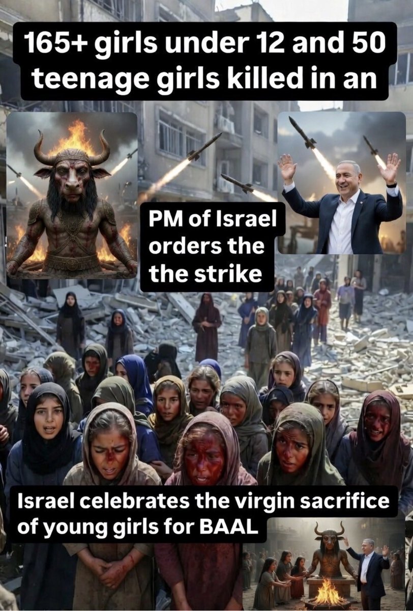 majburpakistani's tweet photo. Israel🇮🇱,1st attack on Iran was a girls primary school, killing 165+ girls,under the age of 12 &amp; then attacked girls gym killing 50 teenage girls, playing basketball🏀. Israel🇮🇱 celebrated these killings as “Virgin Sacrifice” for BAAL😈
#EpsteinFiles @RealCandaceO @TuckerCarlson https://t.co/UPdn5NV93O