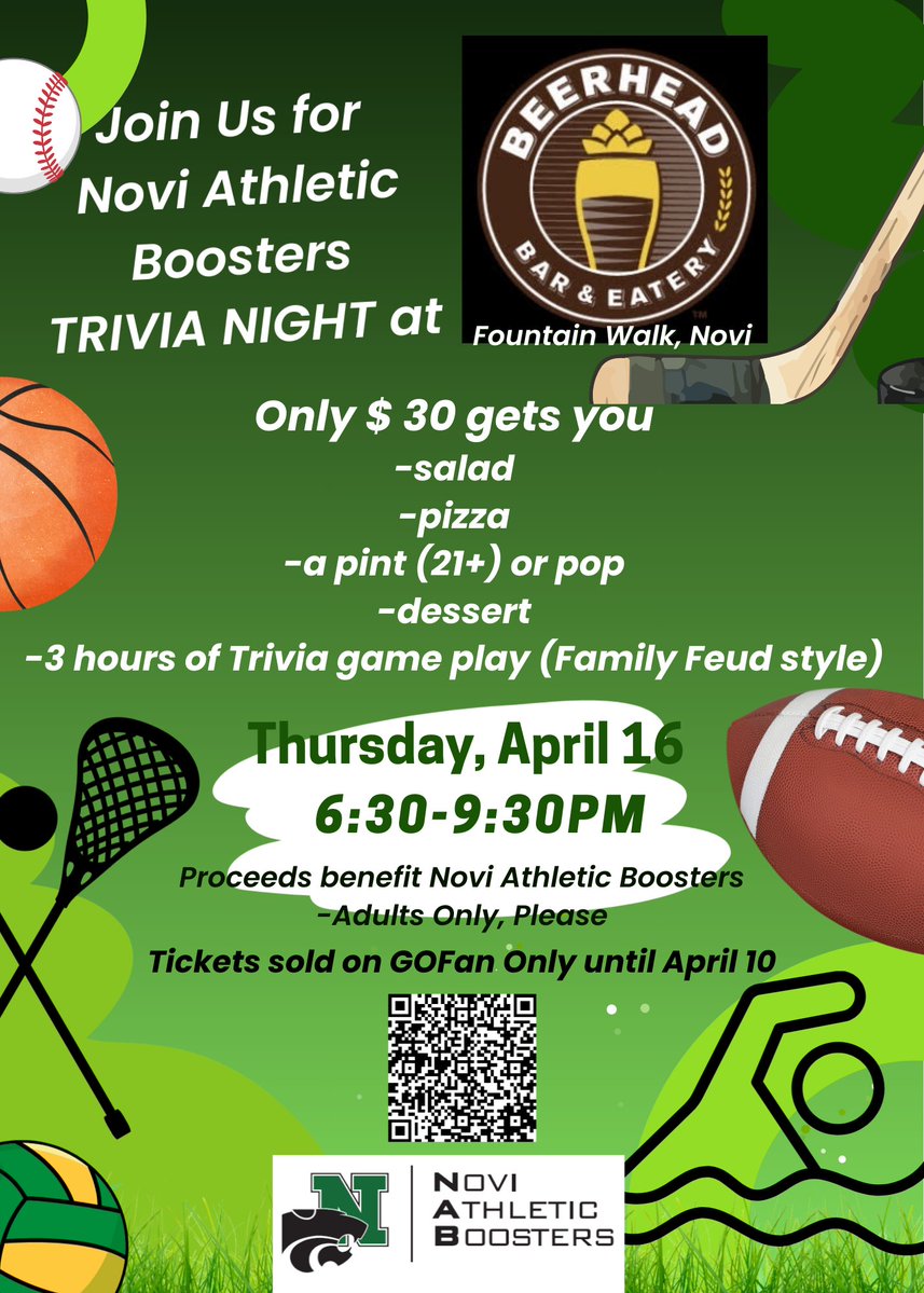 Buy today your ticket on GoFan gofan.co/event/6166282?… 
Thursday, April 16 from 6:30-9:30 pm 
Join us for trivia night at Beerhead in Fountain Walk! 
Proceeds benefit <a href="/NoviBoosters/">Novi Boosters</a>