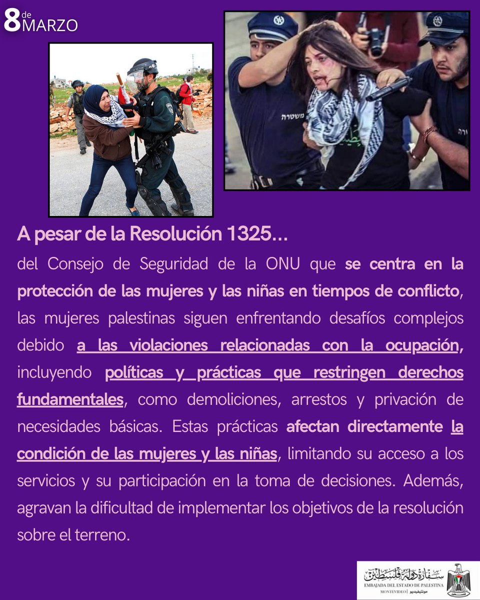 embpalestinauru's tweet photo. ♀️En este Día de la Mujer, saludamos a todas las mujeres #uruguayas enviándoles un abrazo enorme y toda nuestra solidaridad.

🇵🇸 Recordamos hoy que preservar la dignidad de las mujeres #palestinas y proteger sus derechos es fundamental para la justicia internacional que buscamos. https://t.co/MfLkJ69qaT