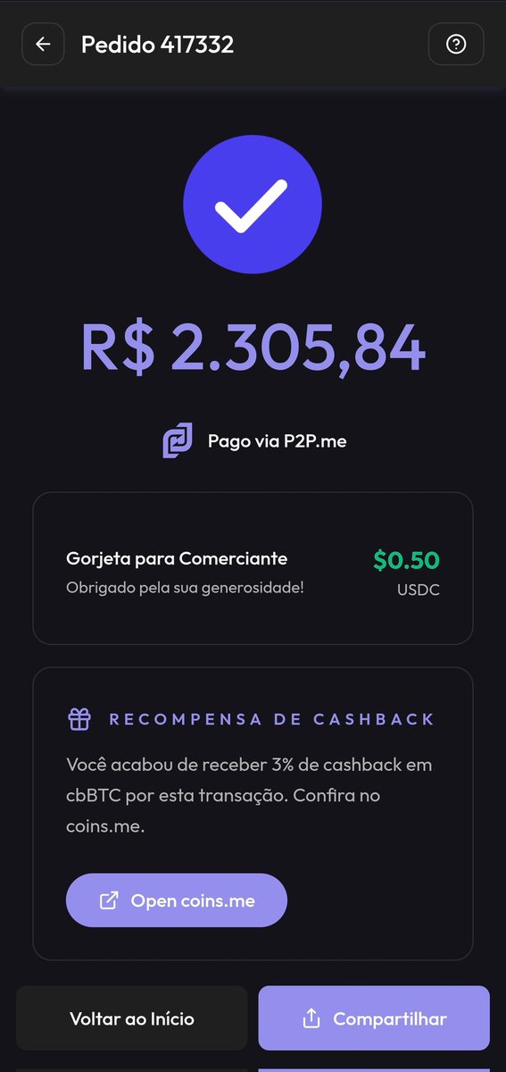 É domingo de manhã e vc precisa pagar a fatura do Nubank... o que vc faz? 

1) paga com saldo direto no app ?
2) paga usando a <a href="/p2pmebrasil/">P2P.me Brasil</a> ?

A resposta é óbvia, número 2. 

Demorou exatamente 48 segundos e rendeu mais de 10 dólares de cashback em $cbBTC 

Agora imagina receber