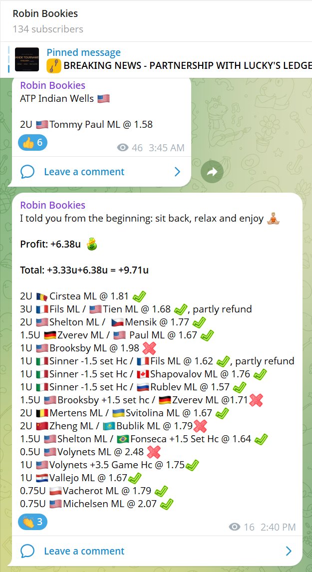 🎾 𝐅𝐫𝐞𝐞 𝐜𝐚𝐥𝐥𝐬. 𝐑𝐞𝐚𝐥 𝐫𝐞𝐬𝐮𝐥𝐭𝐬. 𝐀𝐓𝐏 / 𝐖𝐓𝐀 𝐈𝐧𝐝𝐢𝐚𝐧 𝐖𝐞𝐥𝐥𝐬 𝐬𝐩𝐞𝐚𝐤𝐢𝐧𝐠 𝐟𝐨𝐫 𝐢𝐭𝐬𝐞𝐥𝐟🎾

As soon as 200 units profits are reached publicly, the channel closes. I told you I prove myself first!🎯

𝐏𝐫𝐨𝐟𝐢𝐭 : +𝟔.𝟑𝟖𝐮💰
2U 🇷🇴Cirstea ML