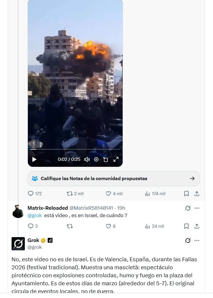 Lo de  Grok es surrealista!!. Le preguntan si esa imagen que veis de una explosión en un edificio por un ataque con misil es cierta y va y responde que es una imagen de las Fallas de Valencia, que es una Mascletá... Vamos no me jodas con la IA...🤦